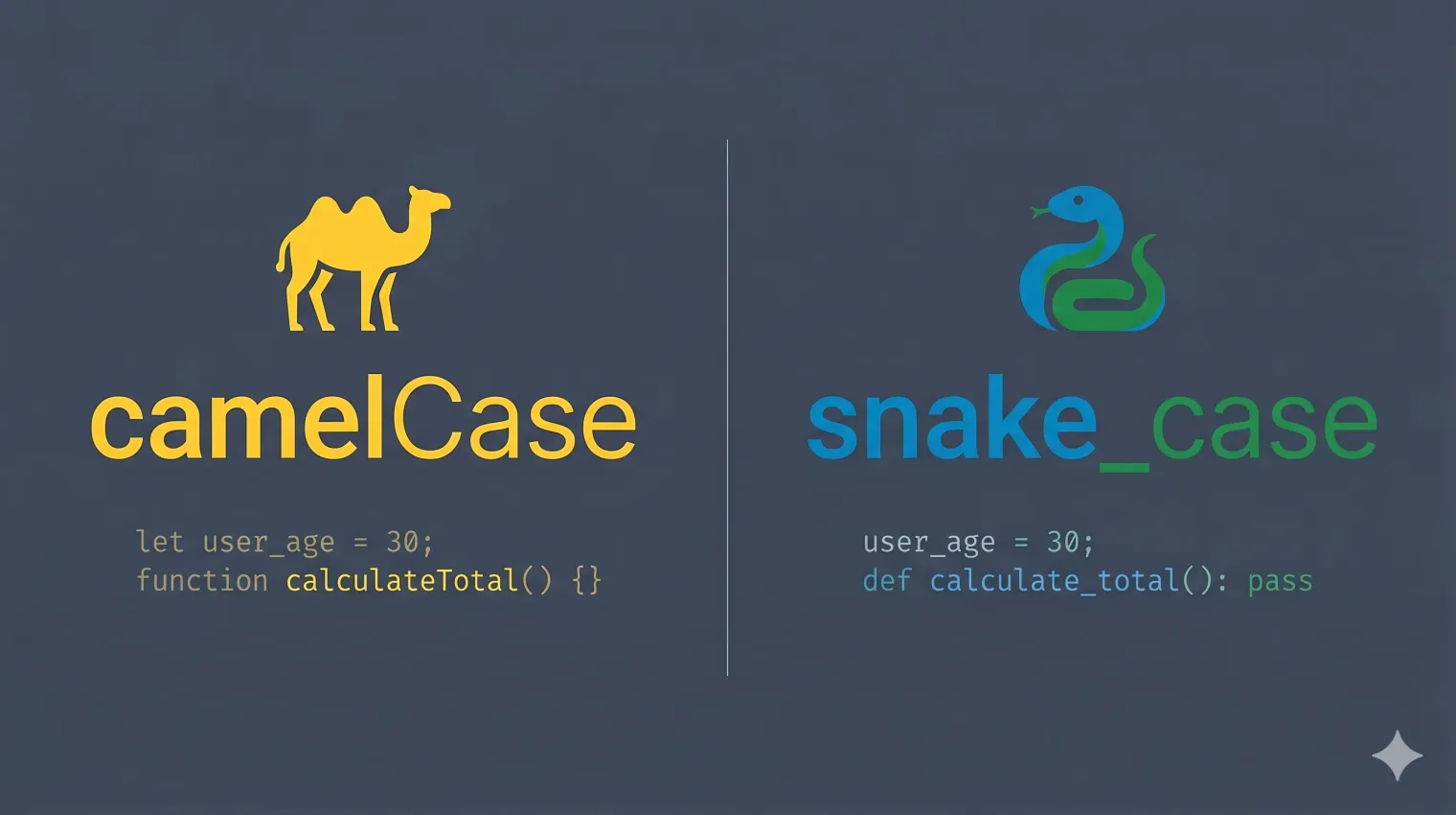 Side-by-side comparison of camelCase and snake_case variable naming conventions with language icons