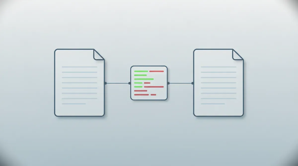 Two text file icons side by side feeding into a diff view with added lines highlighted green and removed lines struck red on a slate background