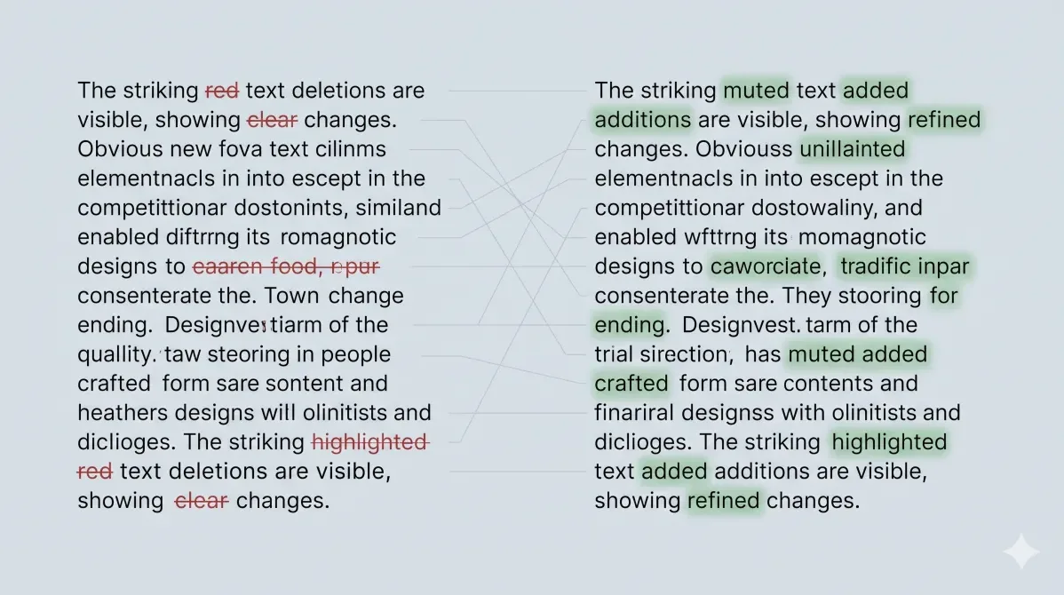 Two text columns side by side with added words highlighted green and removed words struck through red on a slate background