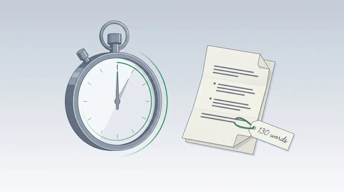 A stopwatch frozen at sixty seconds beside a short script marked with a 130-word count on a slate background