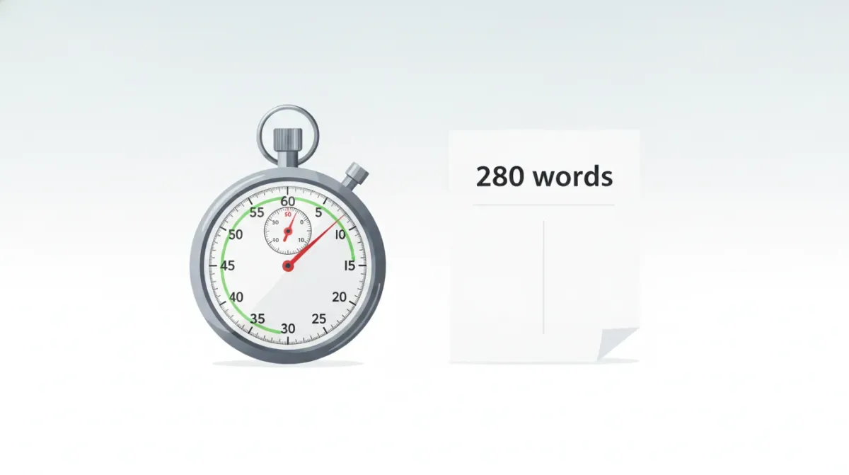An analog stopwatch frozen at two minutes beside a short speech script marked 280 words on a slate background
