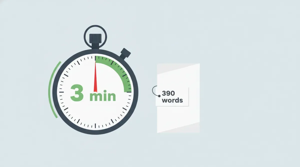 A stopwatch at the three-minute mark beside a short speech script marked with a 390-word count on a slate background
