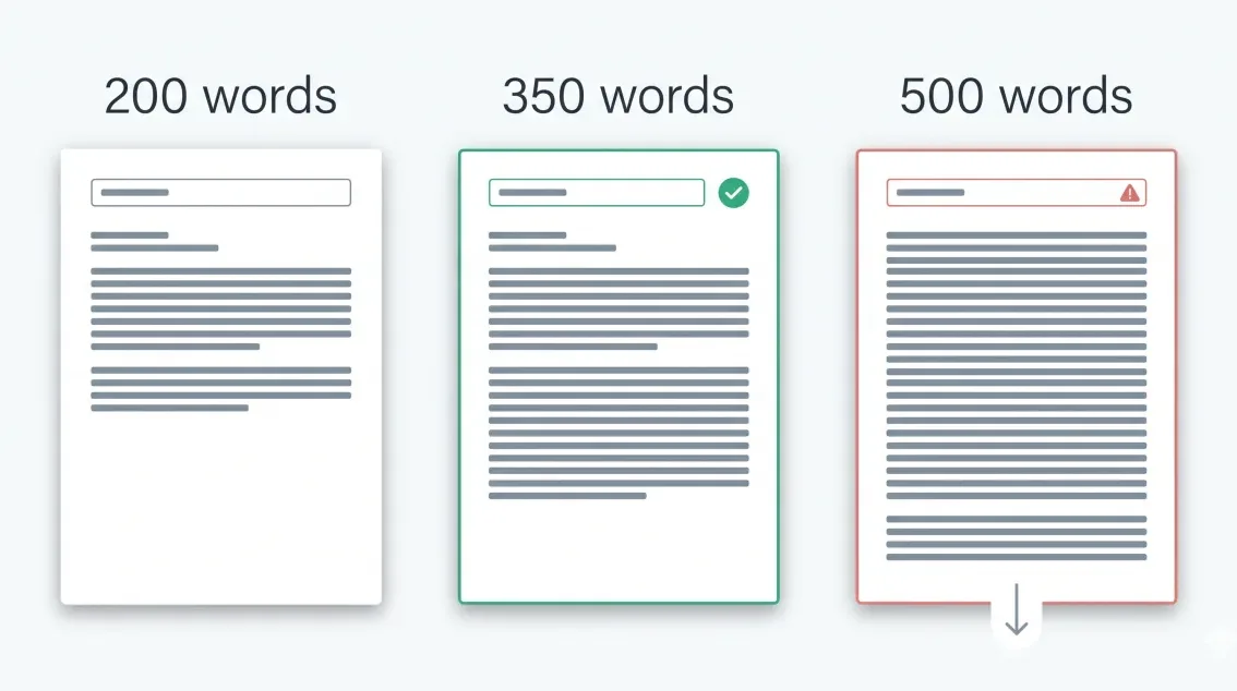Cover letter word count comparison showing 200, 350, and 500 word versions side by side