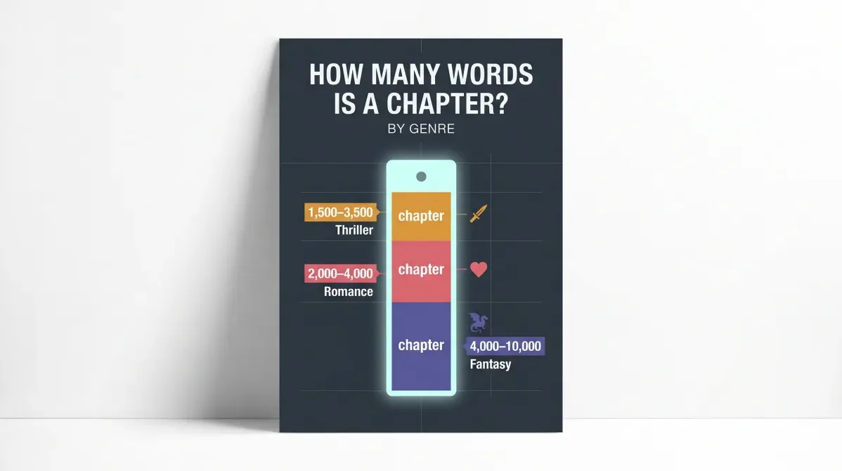 Infographic: How Many Words is a Chapter? By Genre — Thriller 1,500–3,500, Romance 2,000–4,000, Fantasy 4,000–10,000