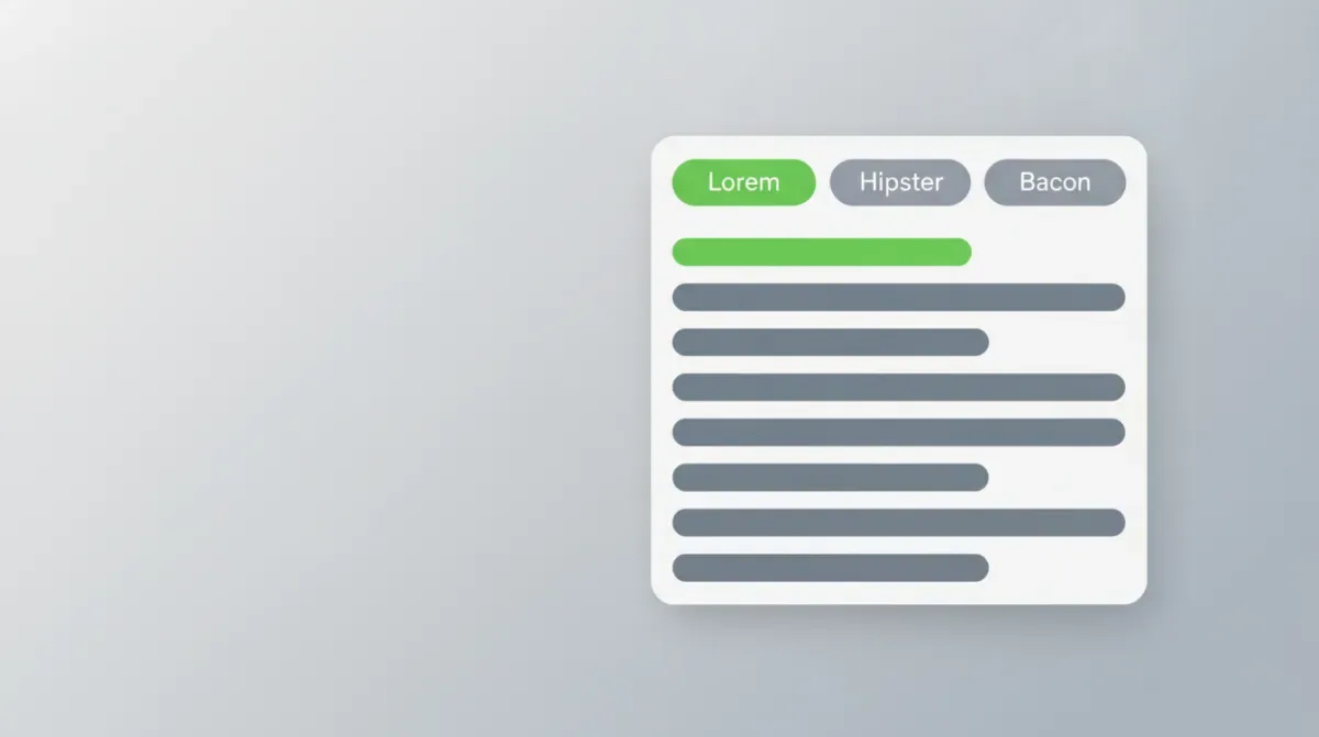 Lorem ipsum generator concept showing a layout filled with grey placeholder text bars and three corpus tabs: Lorem, Hipster, Bacon