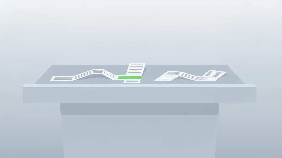 A speech script laid flat and divided into four proportional horizontal bands — a short opening strip, a long main strip, a medium strip, and a short closing strip — in slate and green tones