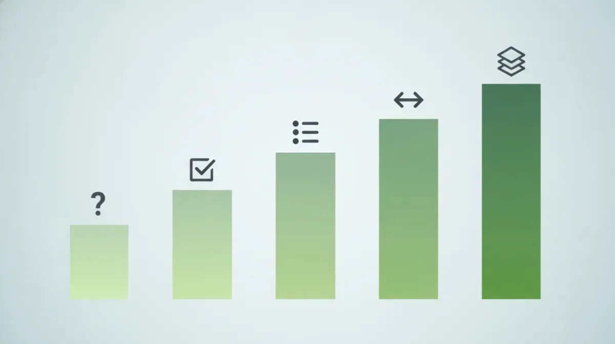 Five blog post silhouettes of increasing length matched against five search-intent labels, from quick-answer to pillar guide