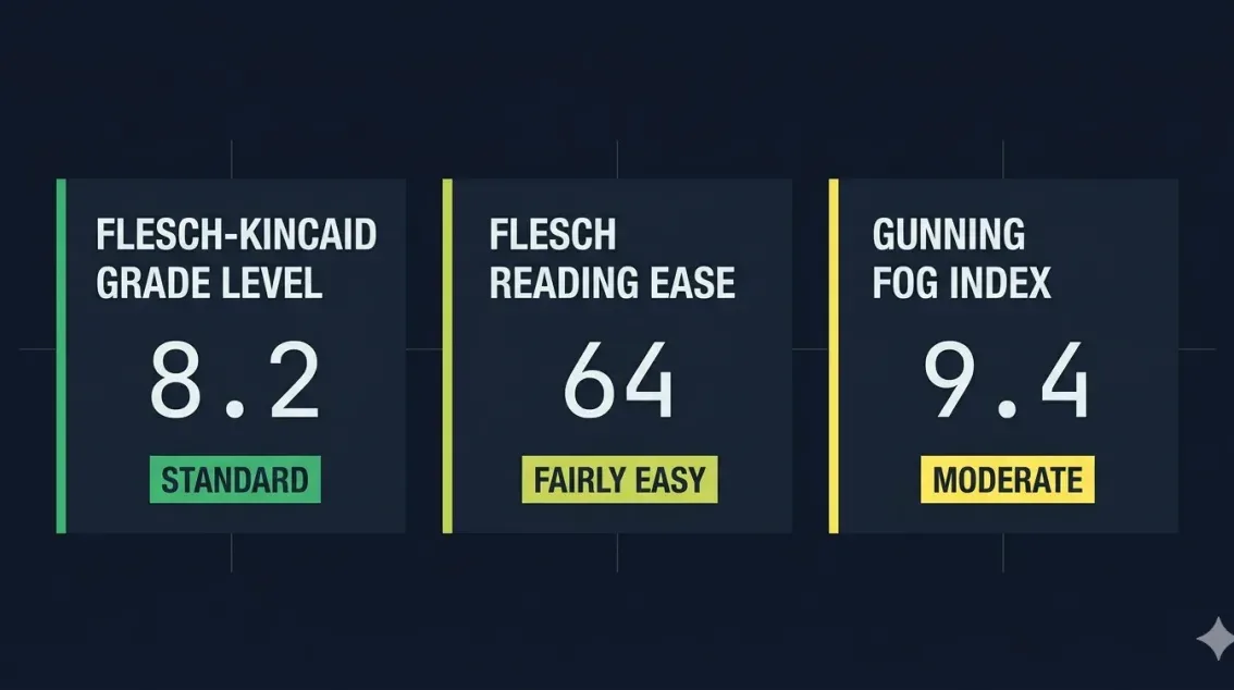 Readability score dashboard showing Flesch-Kincaid Grade Level, Flesch Reading Ease, and Gunning Fog Index scores with color-coded difficulty bands