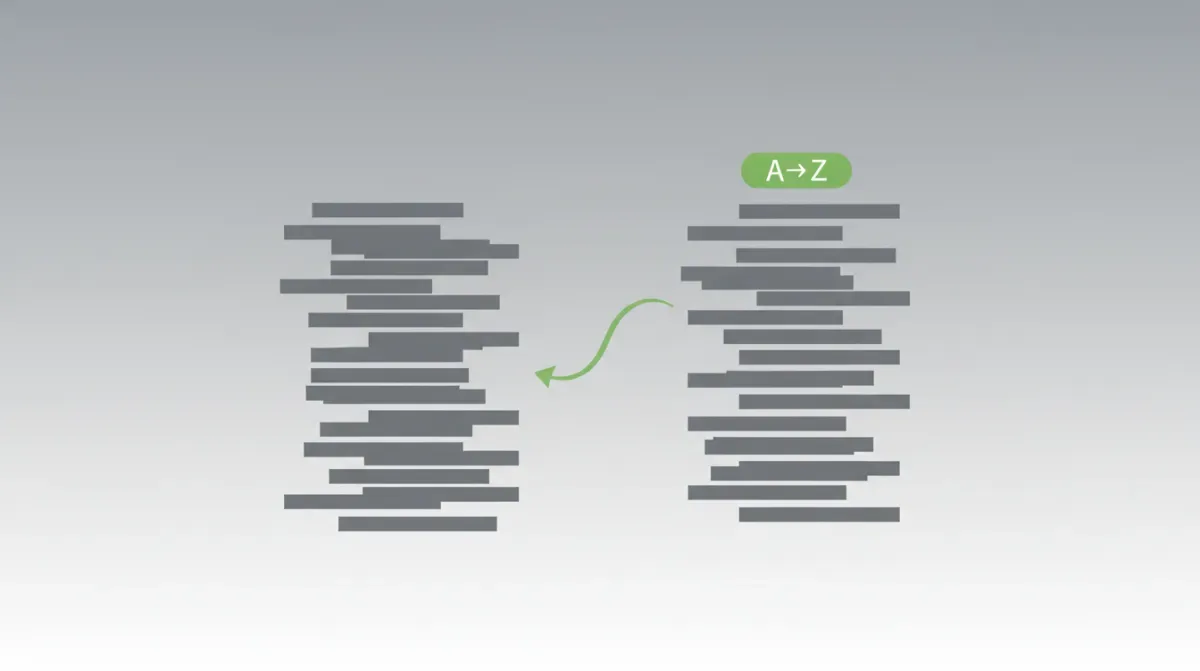 A scrambled stack of text lines being reordered into A-to-Z alphabetical order with a green sort indicator on a slate background