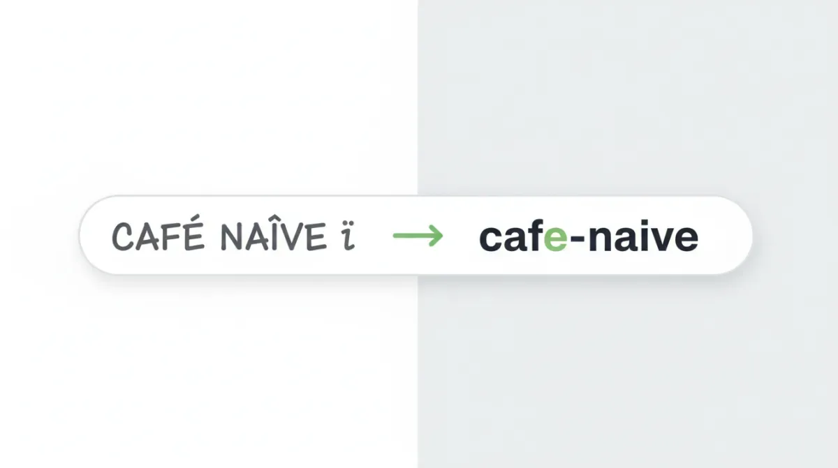 A browser address bar turning a messy capitalized title with accented letters into a clean lowercase hyphenated URL slug