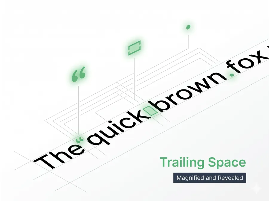 A line of text magnified to reveal hidden characters — a smart quote, a non-breaking space, and a trailing space surfaced as glowing markers above the words