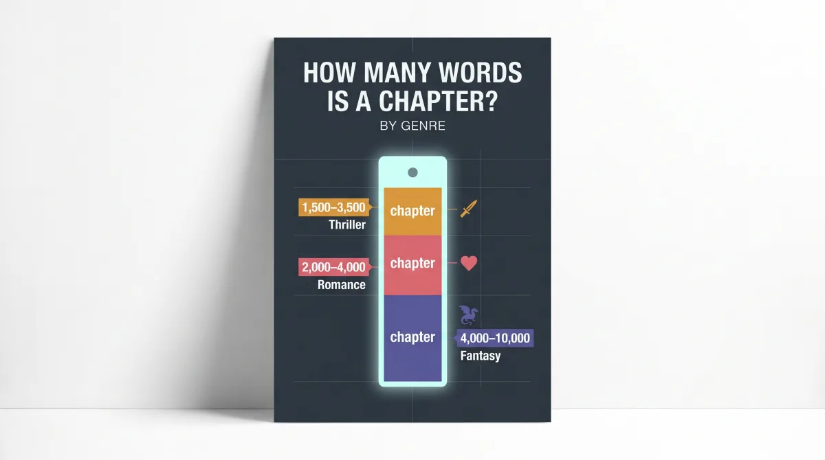 Infographic: How Many Words is a Chapter? By Genre — Thriller 1,500–3,500, Romance 2,000–4,000, Fantasy 4,000–10,000