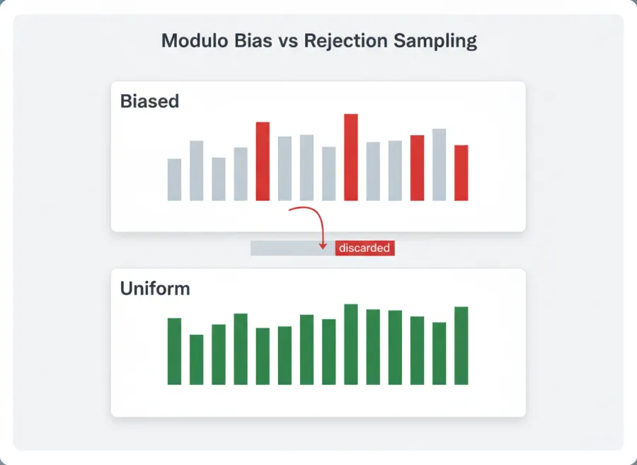 Side-by-side comparison: Math.random() mapped with modulo produces uneven word-pick frequencies (biased), while crypto.getRandomValues with rejection sampling discards the leftover tail of the 32-bit range to produce even, uniform frequencies