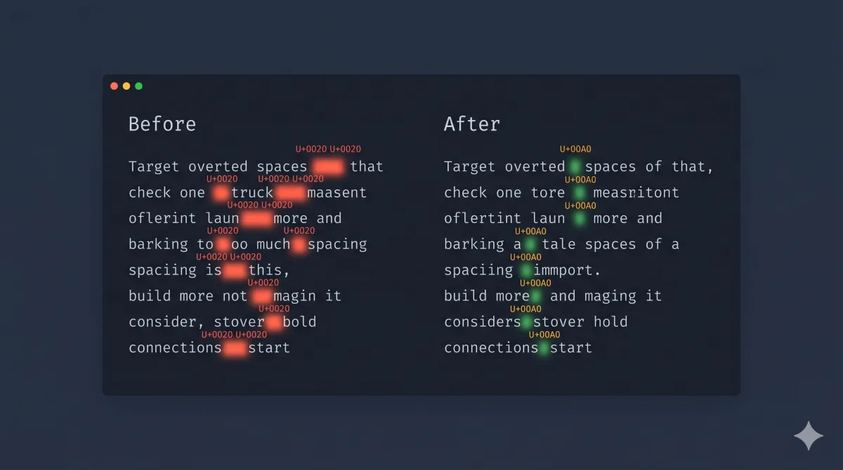 Text before and after removing extra spaces, showing double spaces and non-breaking spaces cleaned up