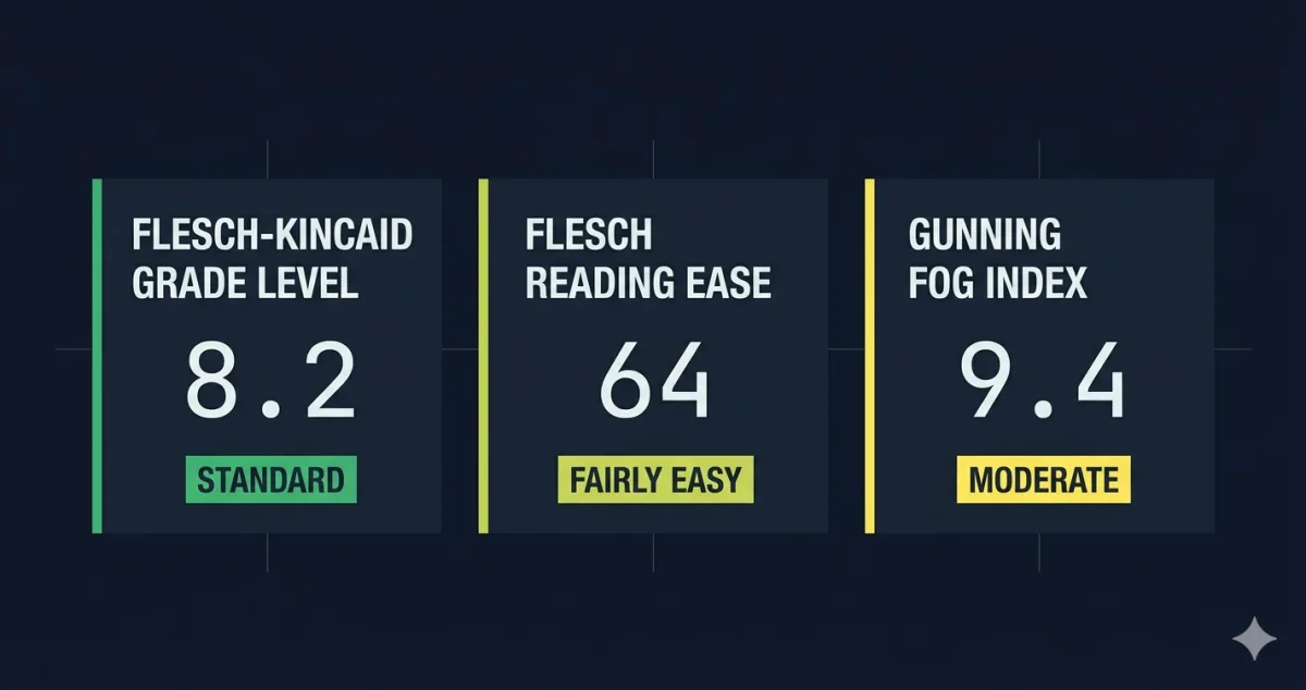 Readability score dashboard showing Flesch-Kincaid Grade Level, Flesch Reading Ease, and Gunning Fog Index scores with color-coded difficulty bands