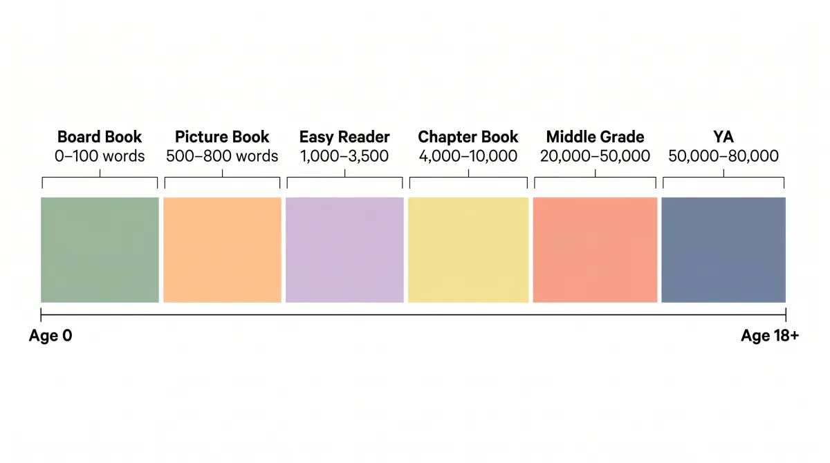 Children's book word count spectrum by age — from board books to YA novels