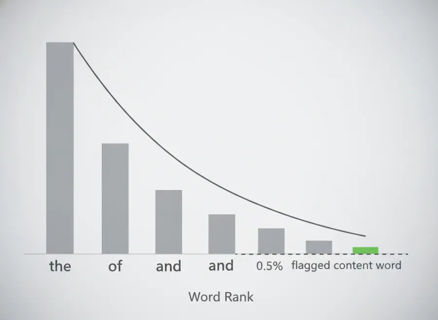 Zipf's law curve: word frequency plotted by rank, dropping steeply from a tall 'the' bar at 7 percent through 'of' and 'and', then flattening into a long tail of content words below the 0.5 percent threshold line
